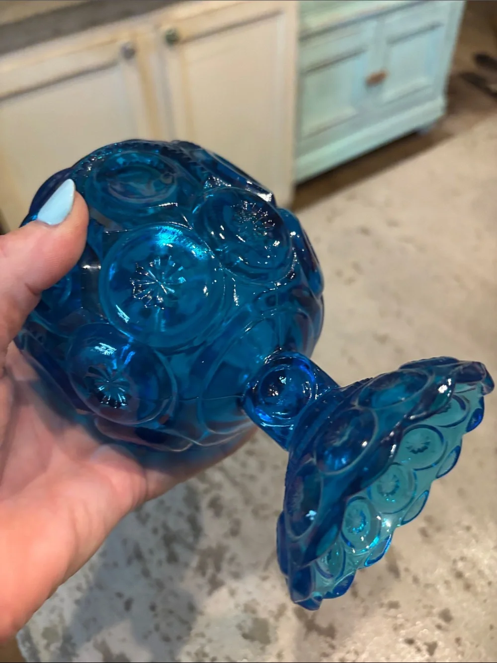 Gorgeous Blue antique Decorative Covered Candy Dish - Elegant Glass Pedestal Jar